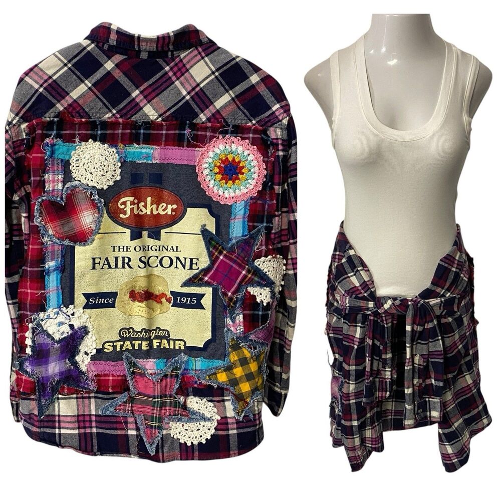 Upcycled Flannel Shirt Shacket Womens XL Fair Scones Grunge Patchwork Folk Art